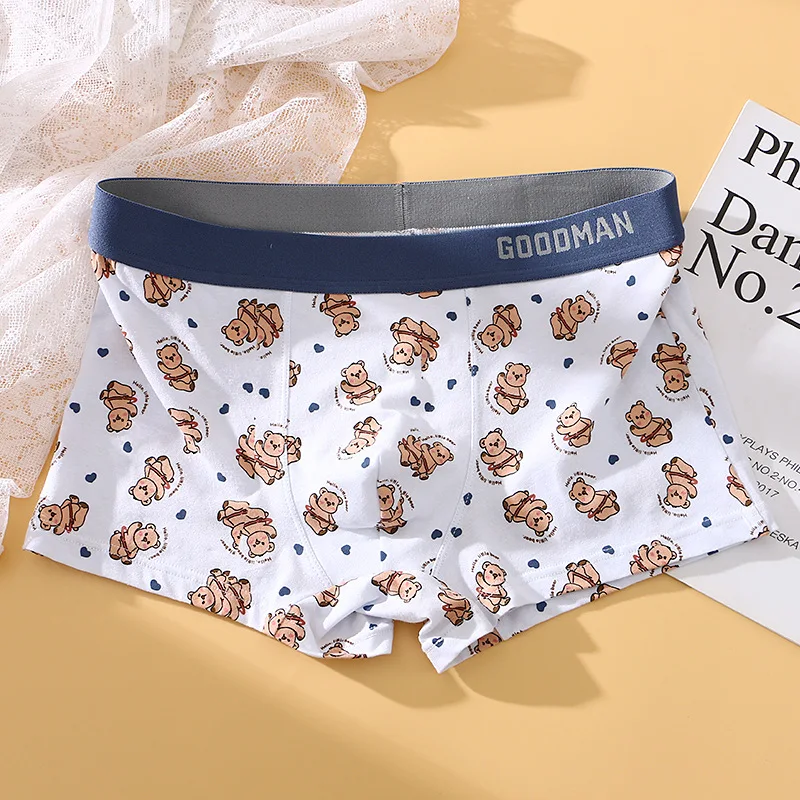 

Men Boxy Underwear Cotton Breathable Comfort Boxer Shorts Youth Mid Waist U Convex Pouch Underpants Cartoon Print Student Trunks