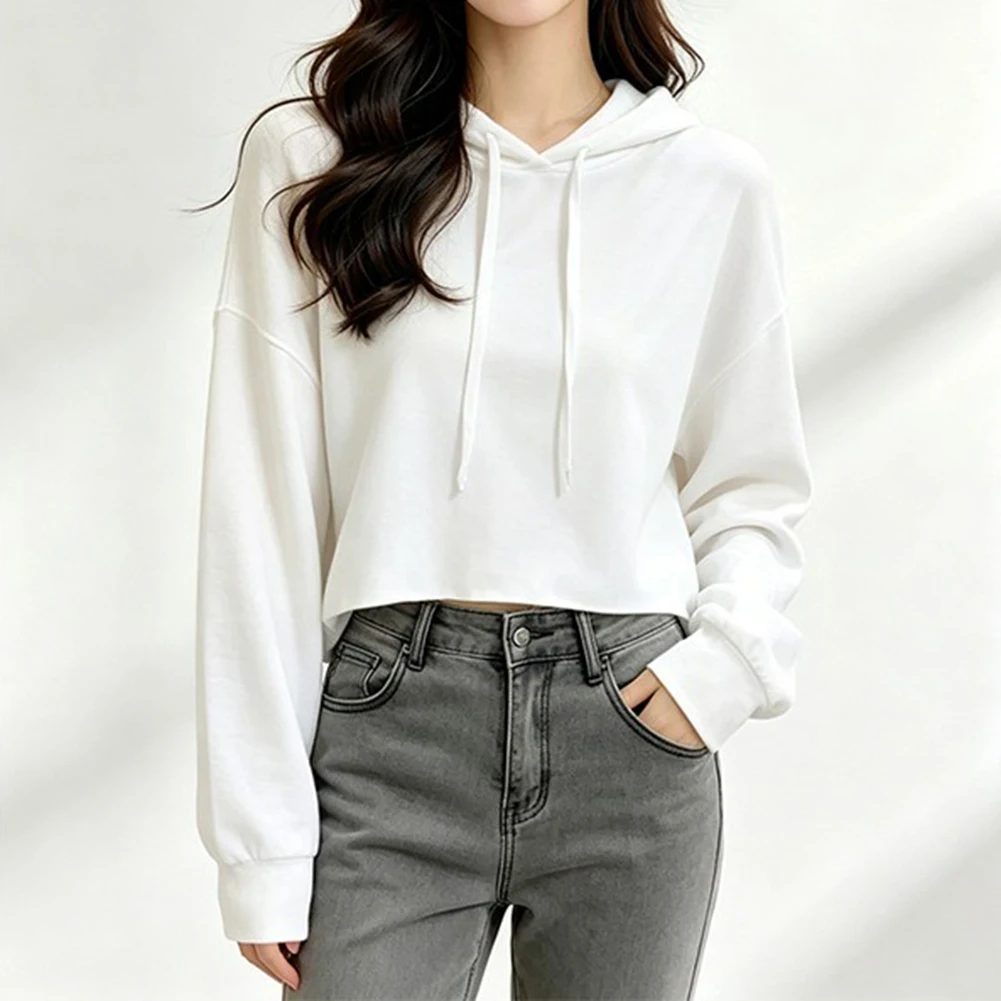 Korean Style Sweatshirts Long Sleeve Crop Top Length 18.9 Inch Women Crop Hoodie Youth Style Apparel Lightweight Material