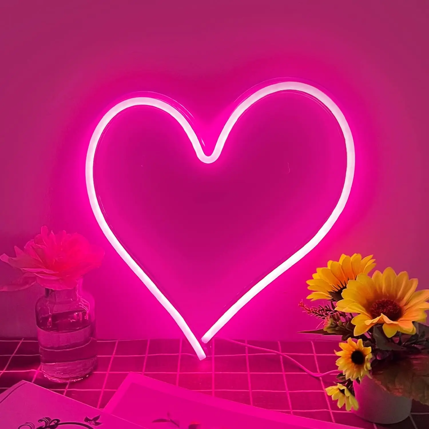 Pink Heart Neon Sign LED Neon Light For Wall Decor Love Heart Light up Sign Romantic For Bedroom Valentine\'s Gift Wedding Party