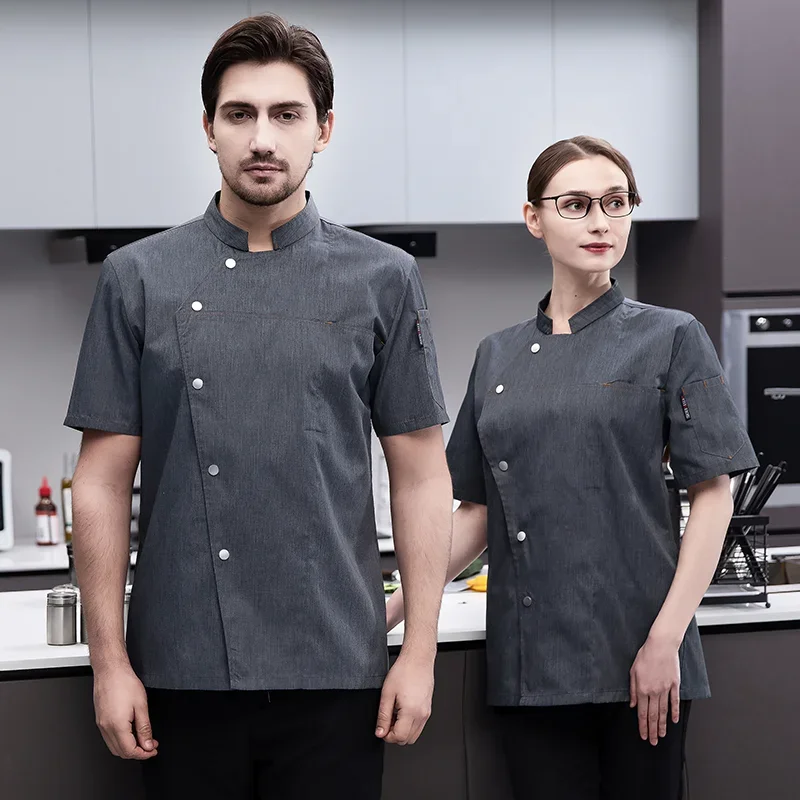 Men Chef Jacket black Short Sleeve Chef Coat Apron Summer Head Chef Uniform Restaurant Hotel Kitchen Cooking Clothes Women logo