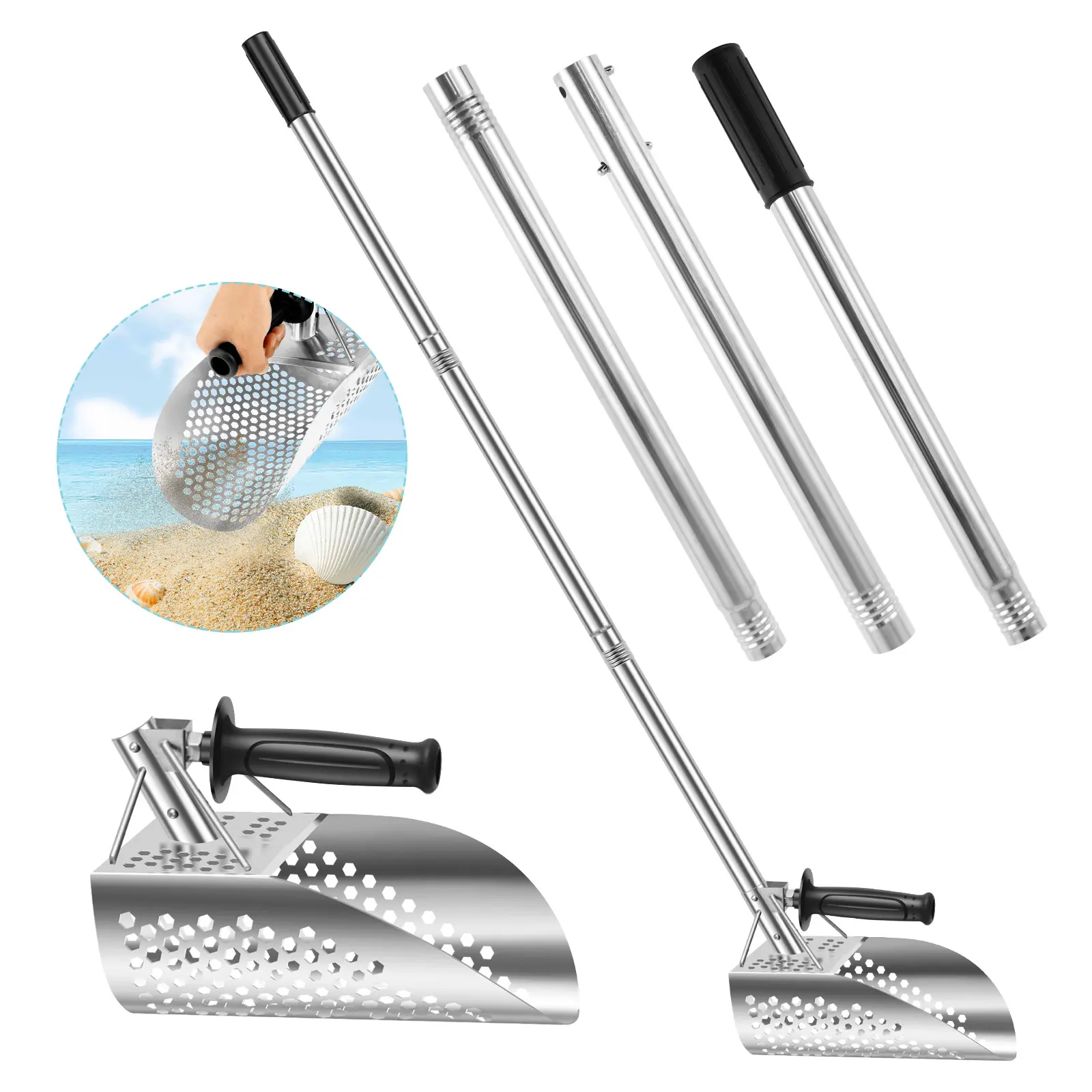 Sand Scoop 201 Stainless Steel Beach Shovel with Long Handle Detachable Beach Treasure Hunting Scoop Heavy Duty Multipurpose