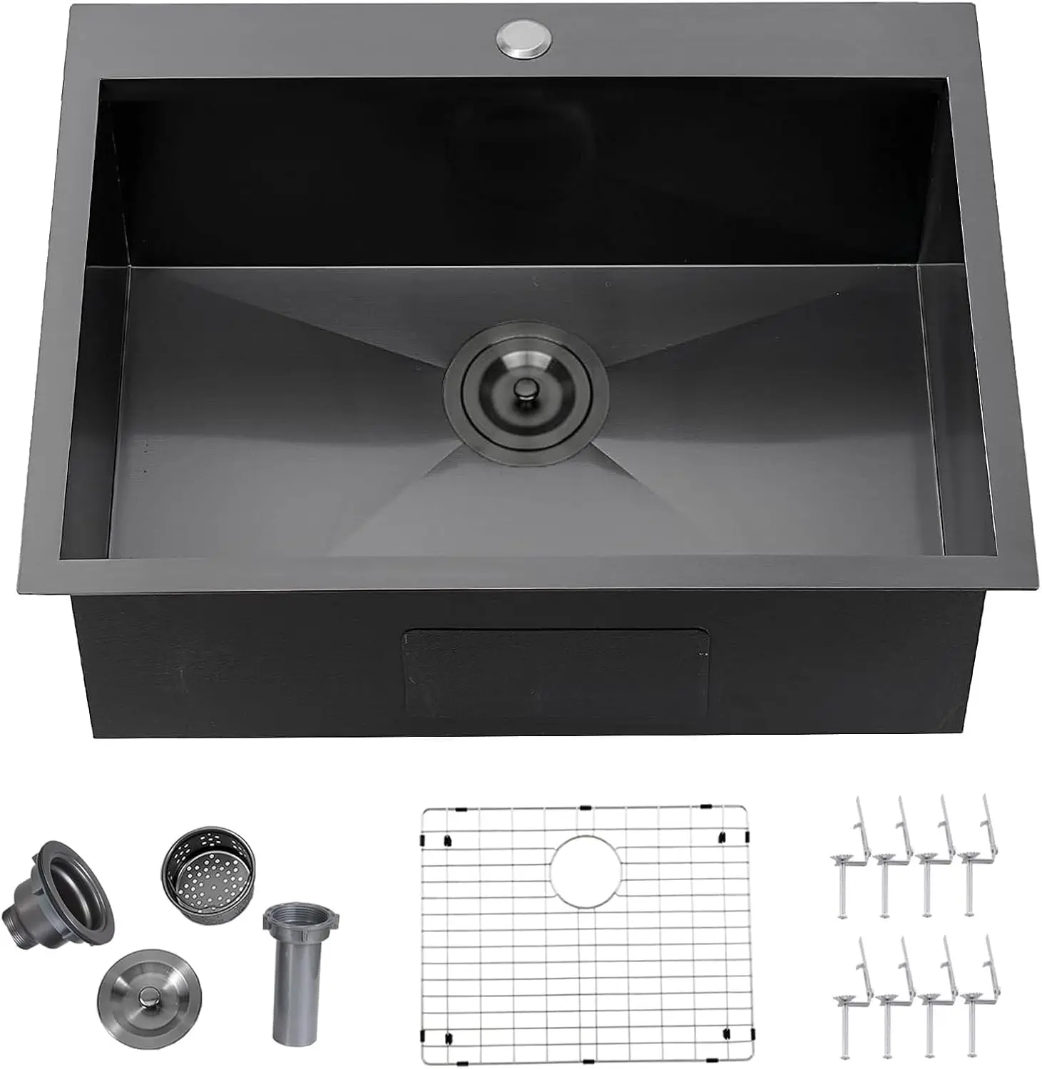 

25x22 Inch Black Stainless Steel Kitchen Sink, Topmount Drop-In Single Bowl with Dish Grid and Basket Strainer