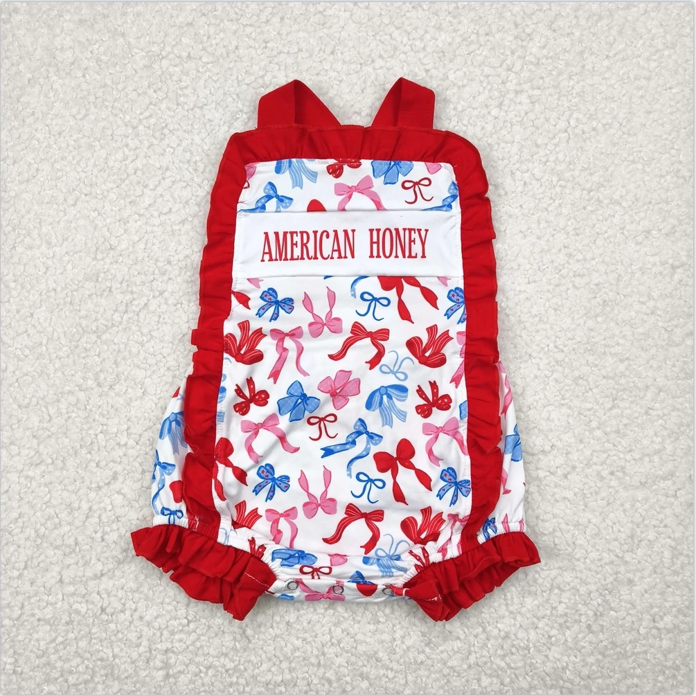 

Infant Boutique One-Piece Bodysuits Onesie Red Strap American Honey Blue Bows 4th Of July Baby Infant Girls Rompers