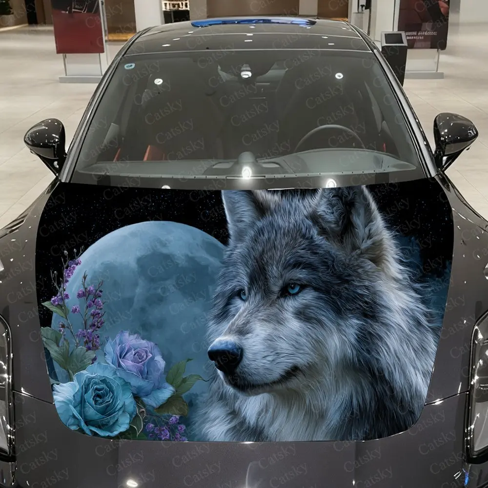 Moonlit Wolf & Cyan Roses Car Vinyl Wrap, PVC Waterproof Car Hood Sticker, Self-Adhesive Scratch-Resistant Stickers