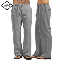 Men's Cotton Linen Pants Loose Cool Casual Long Pants Elastic Waist Long Pant Casual Large Size Streetwear Lightweight Trousers