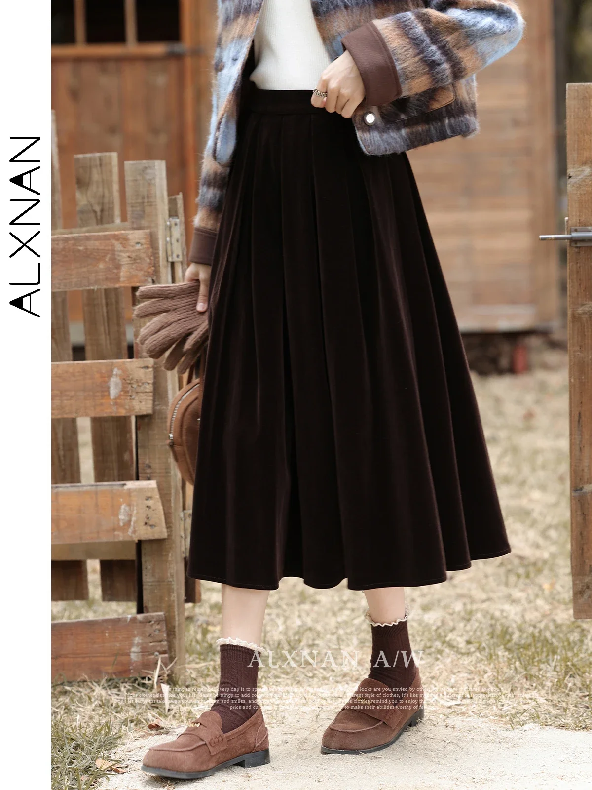 ALXNAN Women's A-line Pleated Skirt 2024 Autumn Winter New Fashion Elegant Simple Commuter Ladies Midi Skirts Clothing L33159