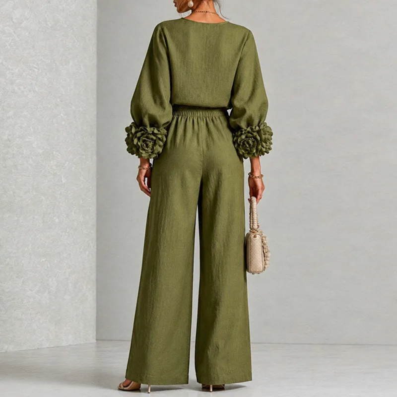 Autumn Solid Two‑Piece Sets Ladies Round Neck Lantern Sleeve Top 3D Flower Wide Leg Trousers Suit Elegant Daily Vacation Outfits view 2