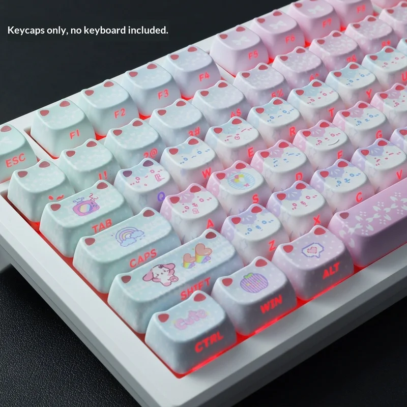 rgbバックライト付き猫耳pbtキーキャップ、昇華印刷、半透明キーキャップ、625uスペースバー、61、87、96、98、104キーのmxメカニカルキーボード用