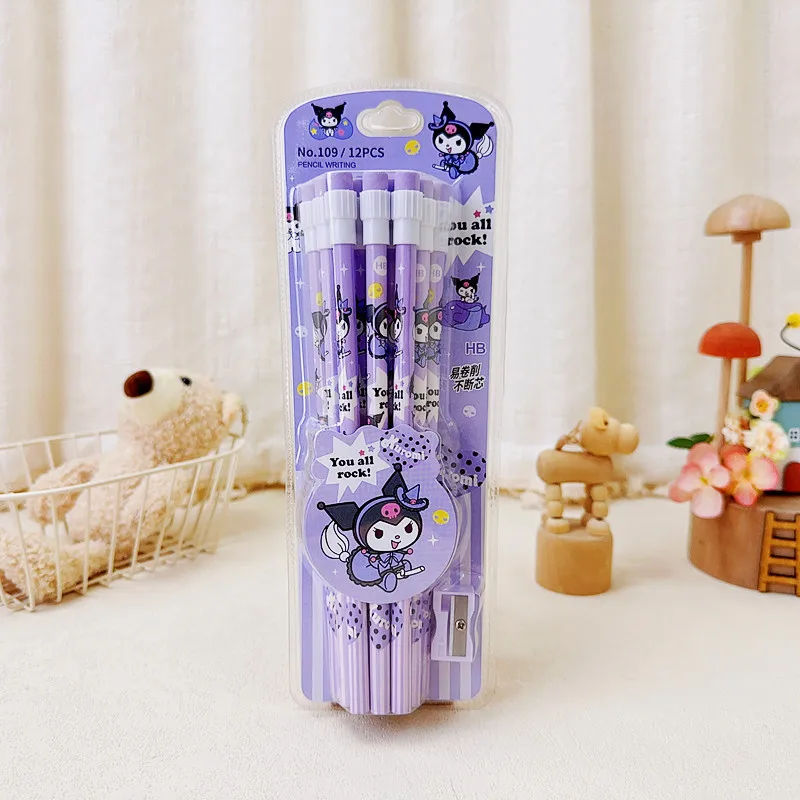 Sanrio HB Pencils 12 Pencils & 1 Pencil Roller Stationery Box Set Student Writing Drawing Kuromi HB Pencils Sketch Pens