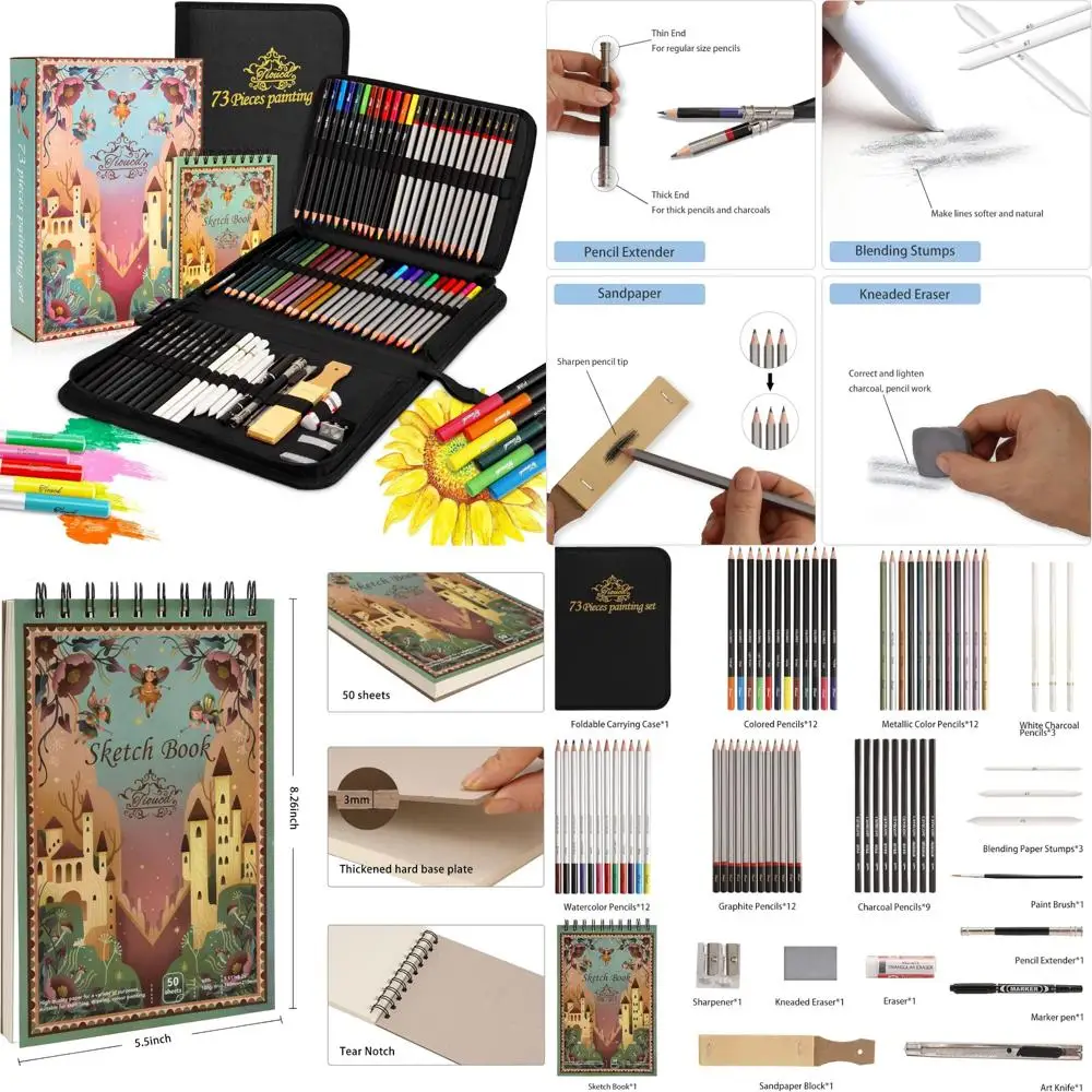 

Набор для рисования из 73 предметов — профессиональные принадлежности для рисования, набор для рисования с графитом, уголью, цветной акварелью, металлическими карандашами, эскизом