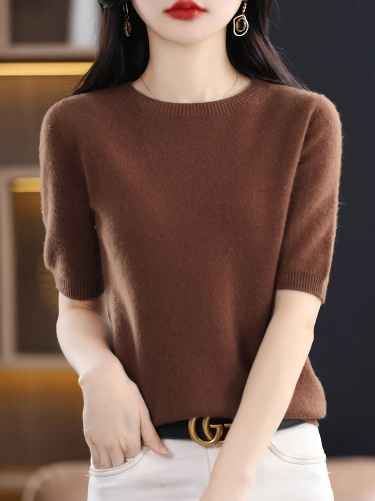 New O-neck Solid Color Pullover 100% Merino Wool Women\' Sweater Spring Summer Half sleeved Basic Clothing Single Fitting Tops