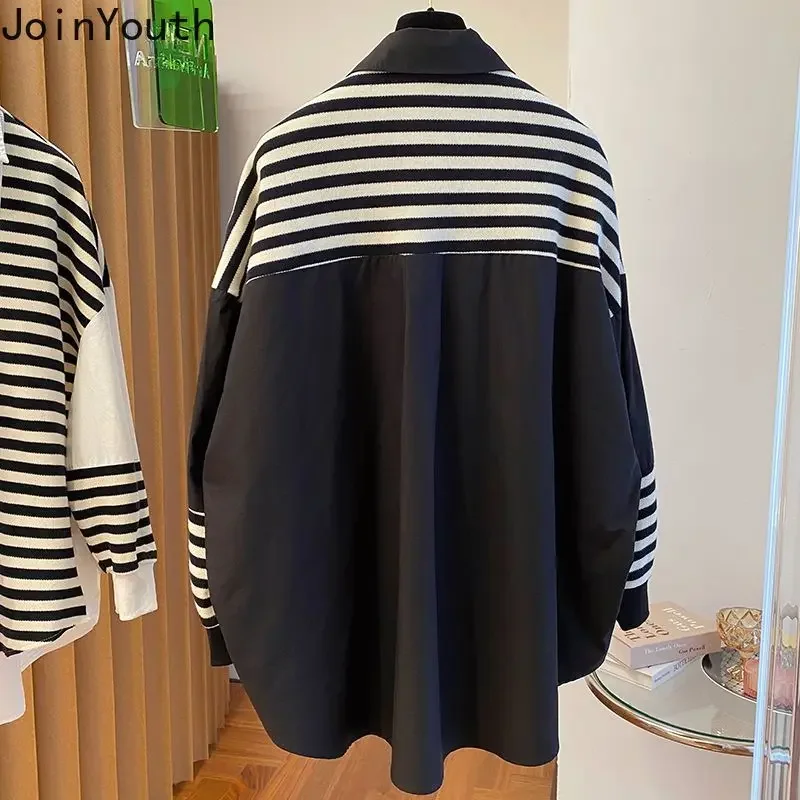 2023 Women Clothing Patchwork Fake Two Sweatshirts Contrast Color Striped Casual Y2k Tops Fashion Korean Oversized Hoodies 7L706