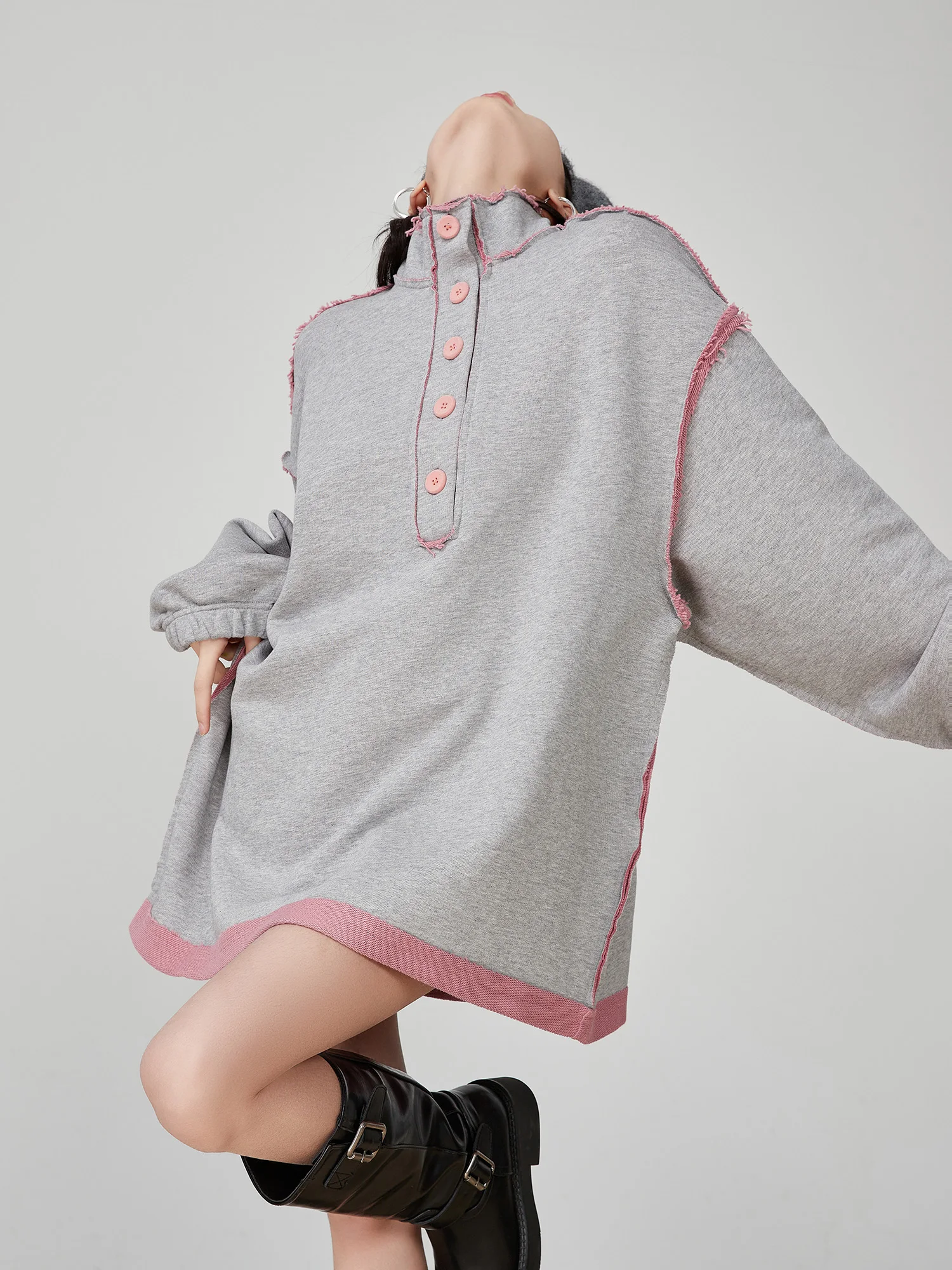 Różowa Luźna Bluza z Kapturem Damska Wiosna 2025 Nowy Design Stójka Postrzępione Wykończenie Wygodna Codzienna Góra