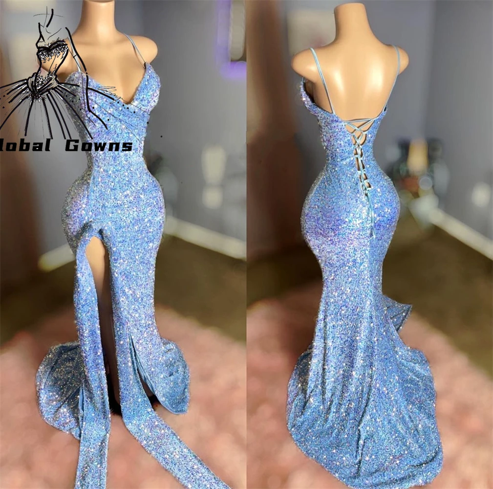 

Sky Blue Sweetheart Evening Dress Black Girls Lace Up Back Sequined Birthday Party Gowns Side Slit Long Prom Dresses Customized