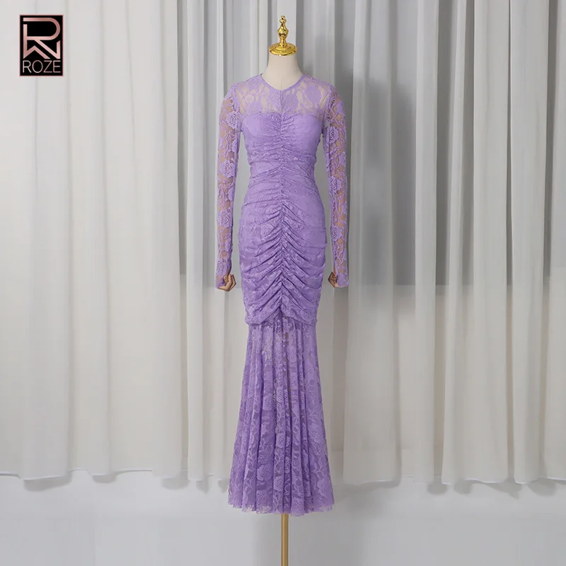 

ROZE Women’s Purple Lace Long Sleeve Ruched Mermaid Maxi Dress Elegant Formal Evening Party Gown