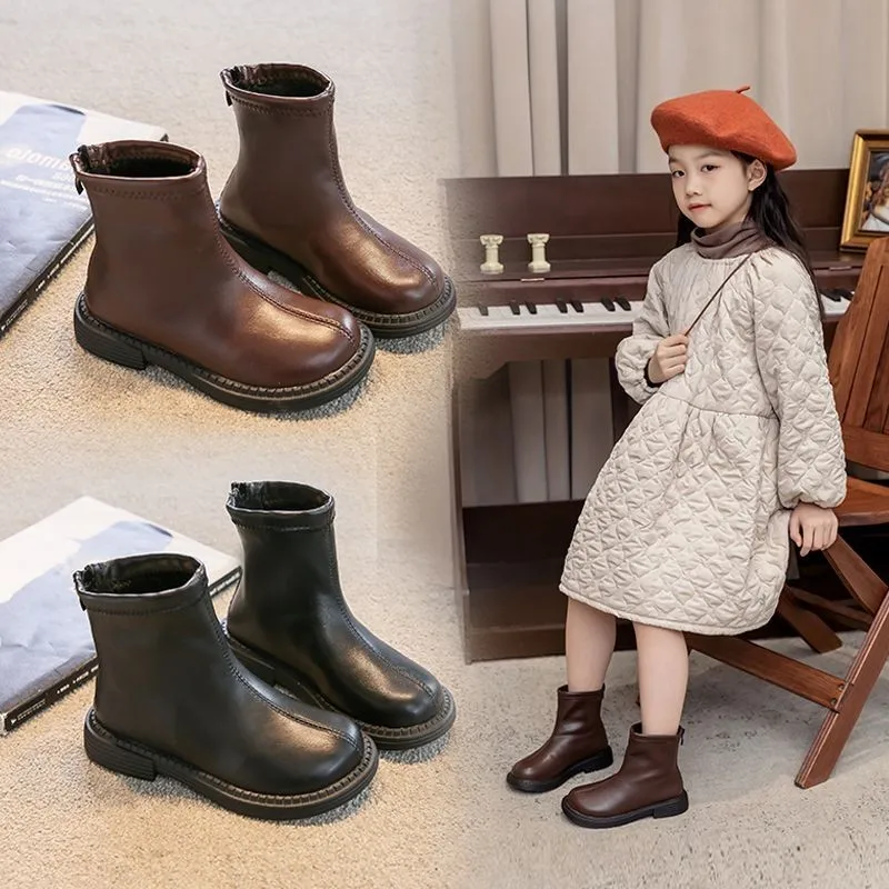 

Autumn Winter New 2025 Kids Fashion Boots Girls Waterproof Non-slip Solid Zipper Soft Sole Leather Boots Children's Casual Shoes