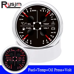 HD 85mm 4 in 1 Multifunction Oil Pressure/Water Temp/Voltmeter/ Fuel Level 0-190 ohms 240-33 ohms 40-120℃ Temp With Alarm