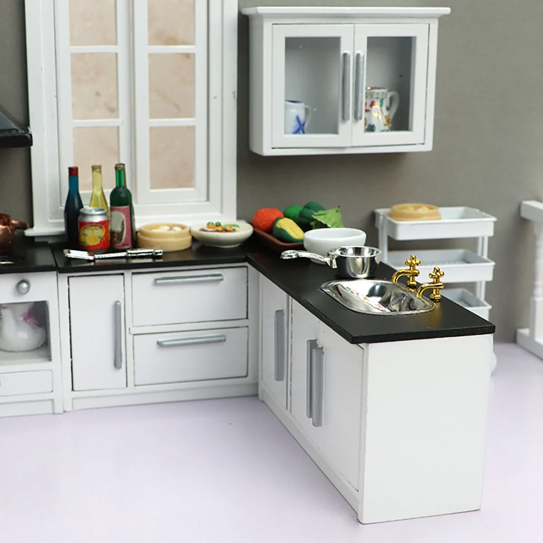 Mini scène de cuisine blanche, meubles de cuisine, hotte de cuisine, accessoires de table de cuisson Carbretours, 1:12