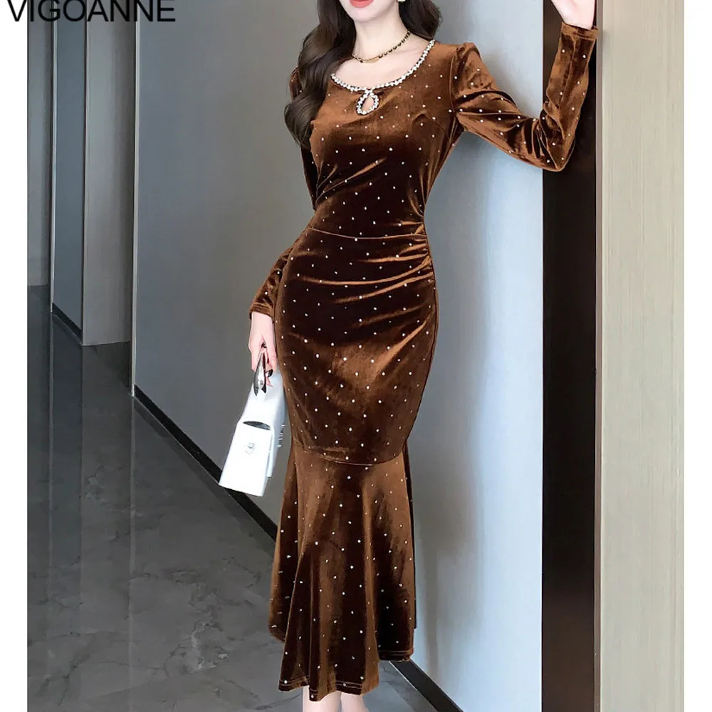 VigoAnne 2025 Autumn Solid Slim Mermaid Velvet Dress Woman Long Sleeve Korean Dress Lady Crystal Evening Party Tight Long Dress