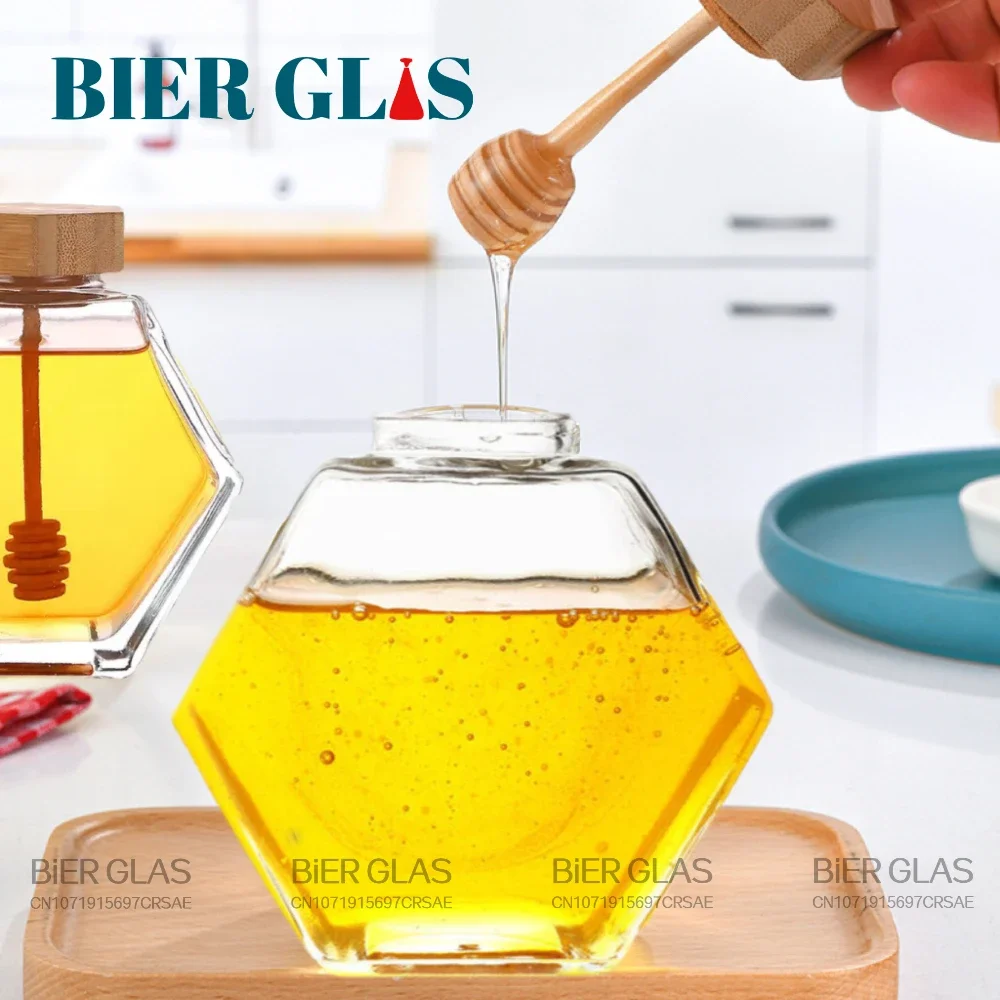 Hexagon Honey Jar 5 6pcs With Dipper Dispenser Glass Bottle Packaging Spoon Bamboo Lid Kitchen Storage Containers Containers Bot