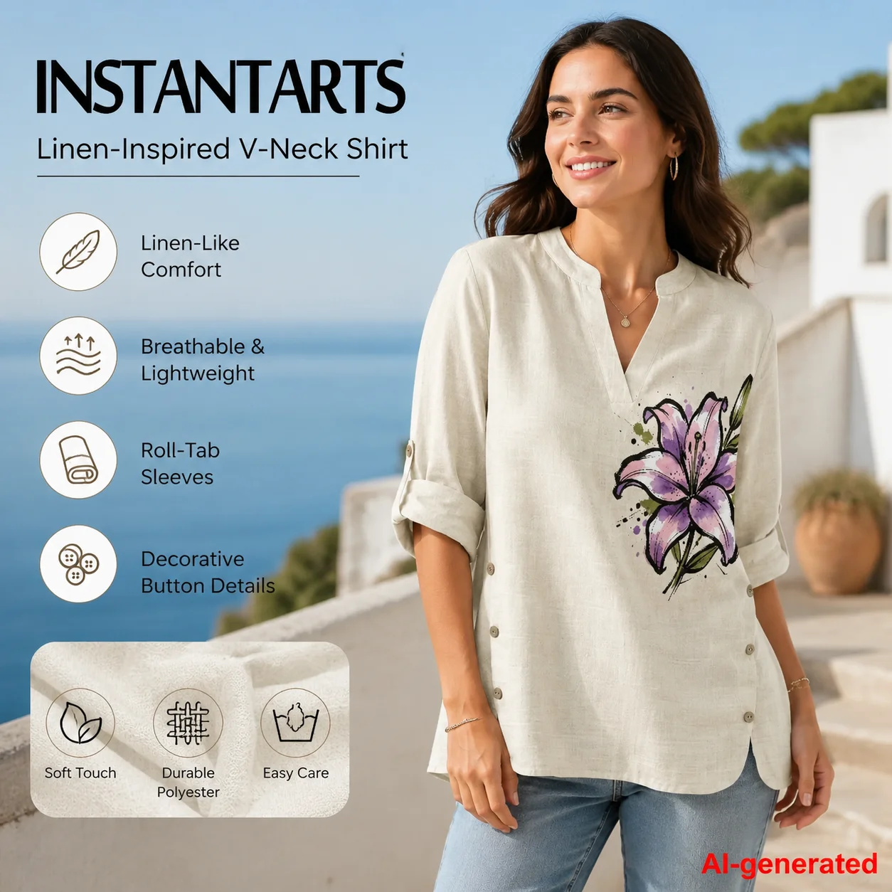 INSTANTARTS Ropa Barata Camisa de lino con cuello en V para mujer, camisa floral para mujer, camisa femenina de manga larga, Jirai Subculture