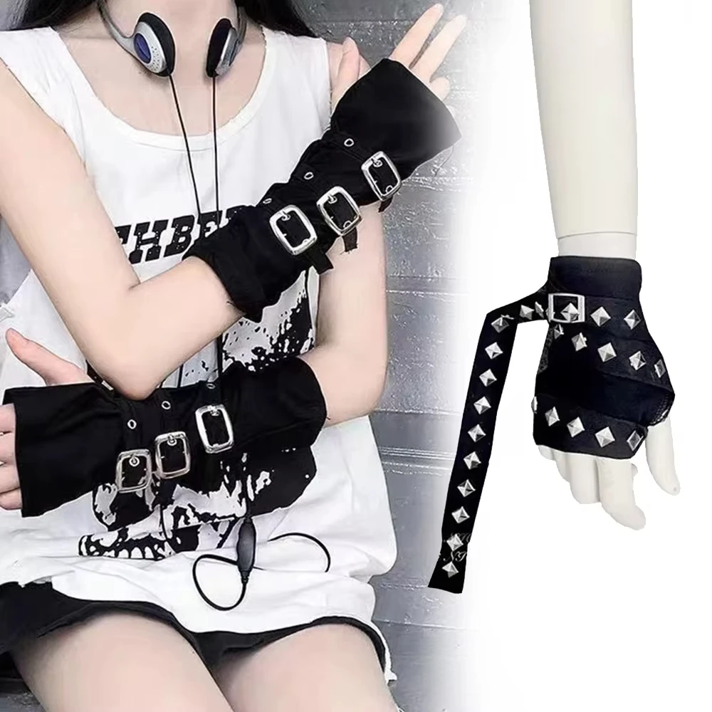 

Gothic Punk Fingerless Gloves Buckle Straps Metal Button Rivet Oversleeve Black Cuff Cosplay Hip Hop Fashion Costumes Accessory
