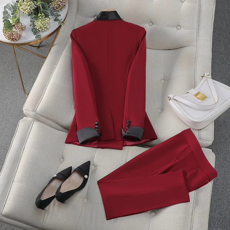 4XL Stock Autumn Winter Suit Coats Two Piece Set Women Blazer Skinny Pants Long Trousers Office Lady