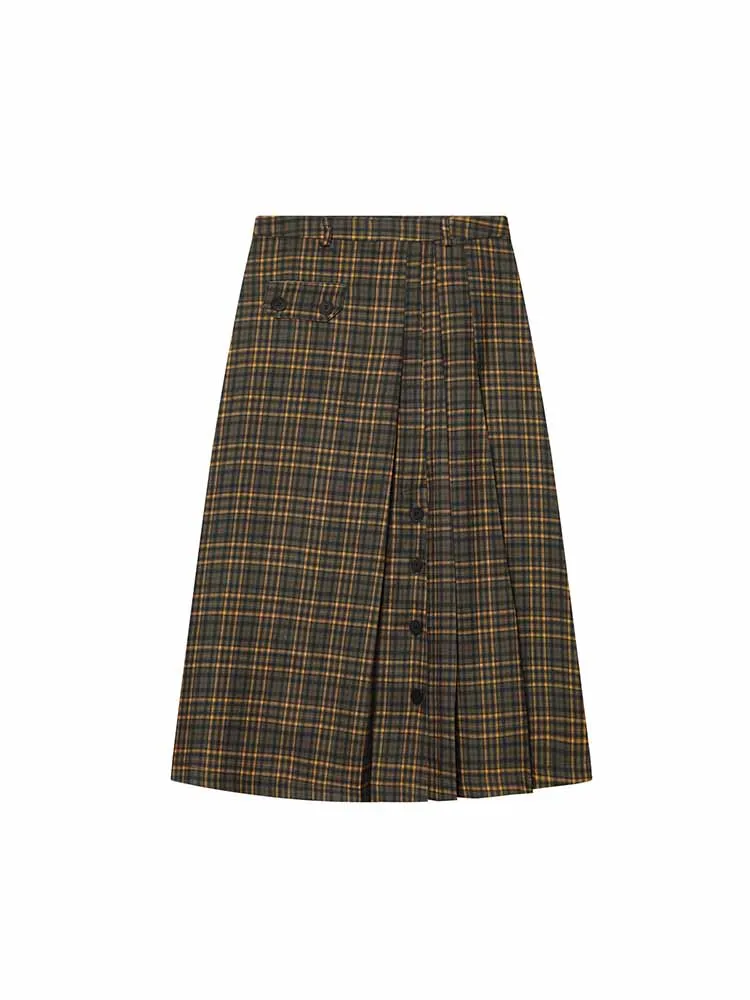 

HH Woman Spring New Fashion Versatile Button Decoration Plaid Middle Length Skirt Female High Street Casual Solid Outing Dress
