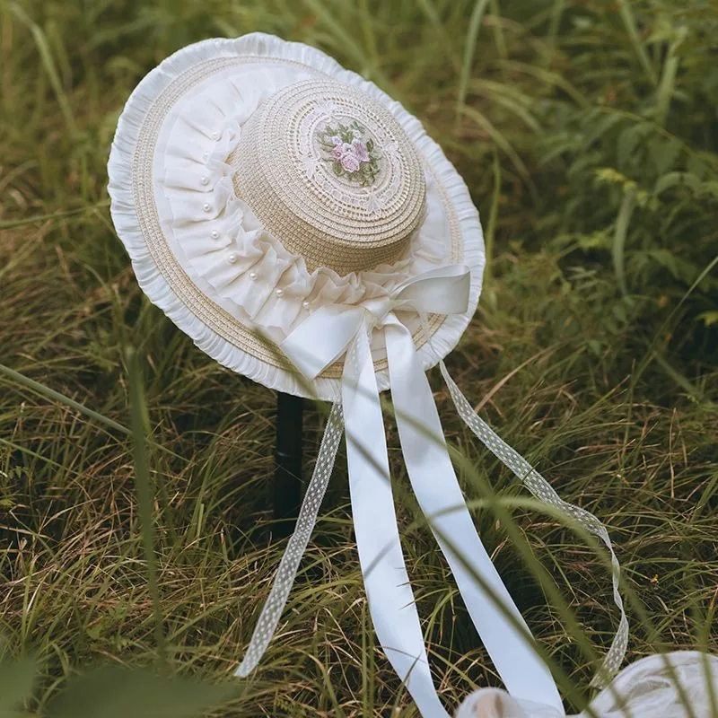 Original feito à mão doce lolita laço chapéu de palha elegante feminino vintage vitoriano flor fita bandagem chá festa mori menina boné plano