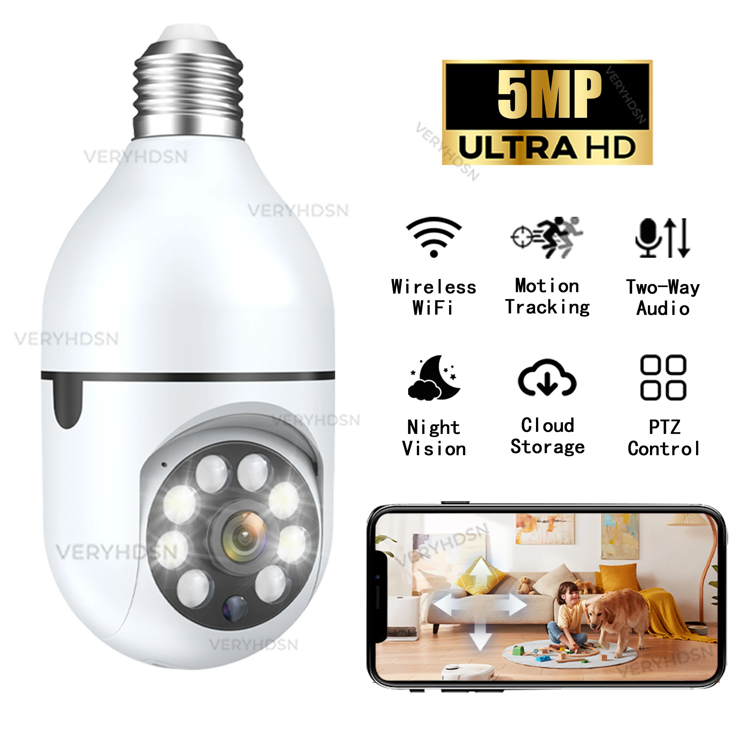 E27 หลอดไฟกล้องวงจรปิด Wifi กล้องเฝ้าระวัง HD Night Vision 4X ซูมดิจิตอล AI Human Motion Detect Home Security Baby Monitor