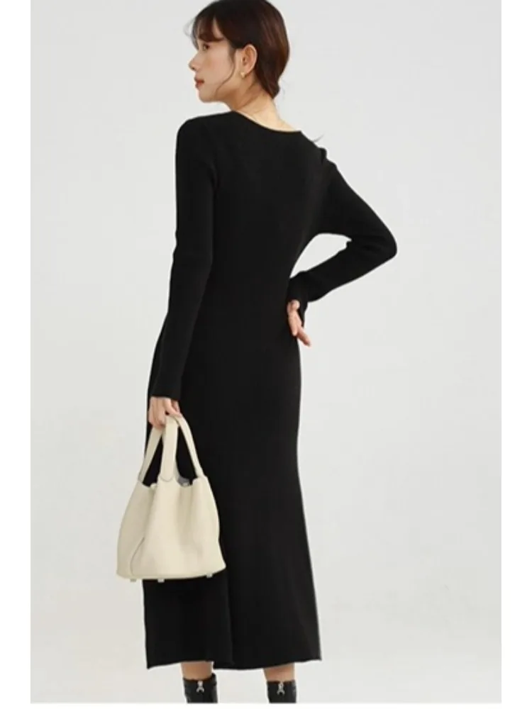 Vestido de malha feminino fino com decote em v, outono inverno, manga comprida, bodycon, midi, suéter, elegante, cintura, linha a, roupa de camada interna