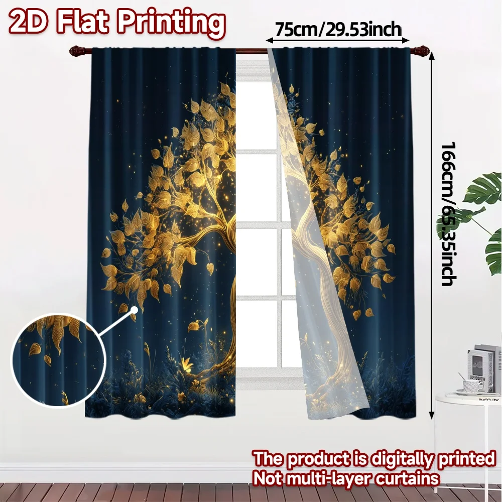 2pcs, 2D FLAT PRINTING Curtains (Without Rod) Golden Glow Tree Minimalist Popular Curtains Versatile Polyester Curtains