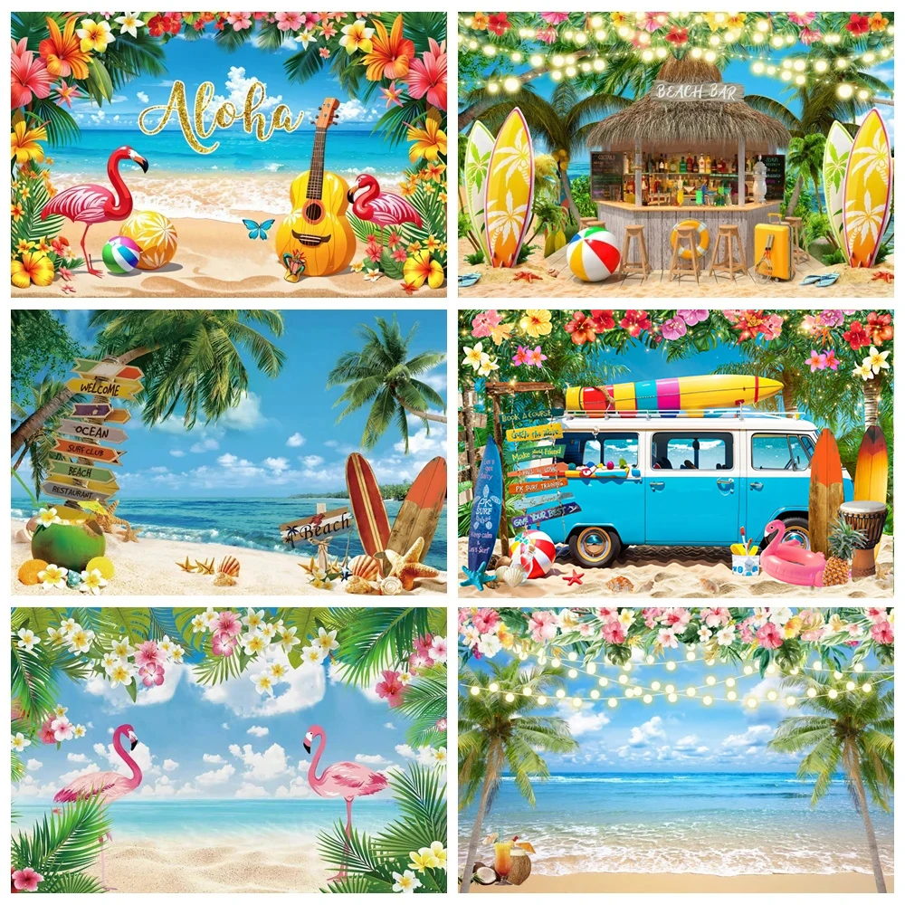 Summer Flamingo Photo Backdrop Tropical Palms Tree Luau Aloha Hawaii Beach Seaside Baby Birthday Party Photography Background