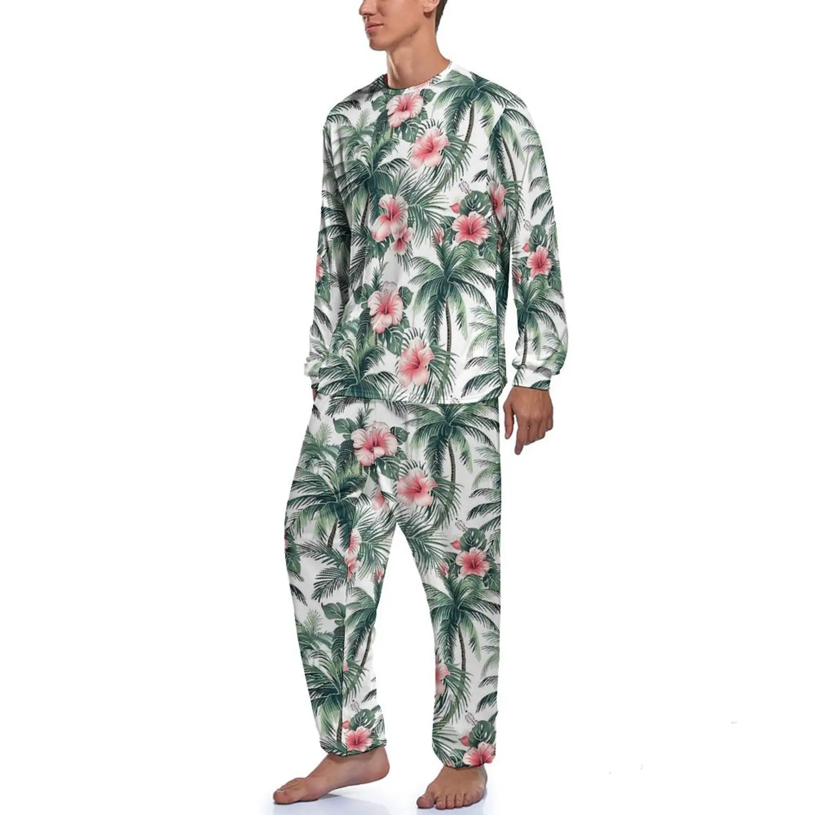 Tropical Flower Pajamas Spring 2 Pieces Hawaii Pink Hibiscus Fashion Pajama Sets Men Long Sleeve Casual Custom Home Suit