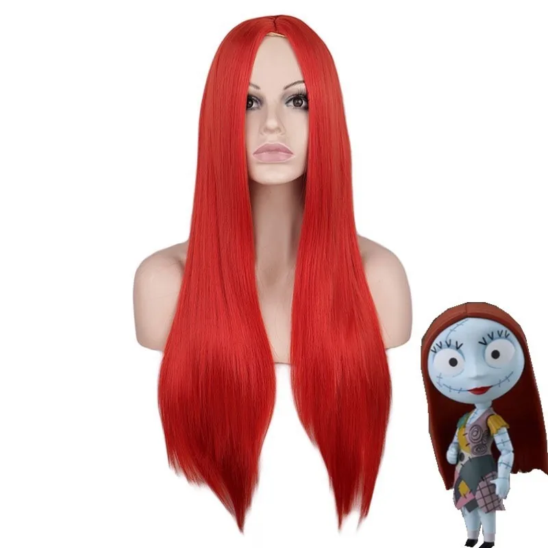 샐리 애니메이션 캐릭터 가발 크리스마스 전의 악몽 메이드 역할 헤드 기어 레이디 파티 머리 장식 긴 스트레이트 헤어 가발 커버