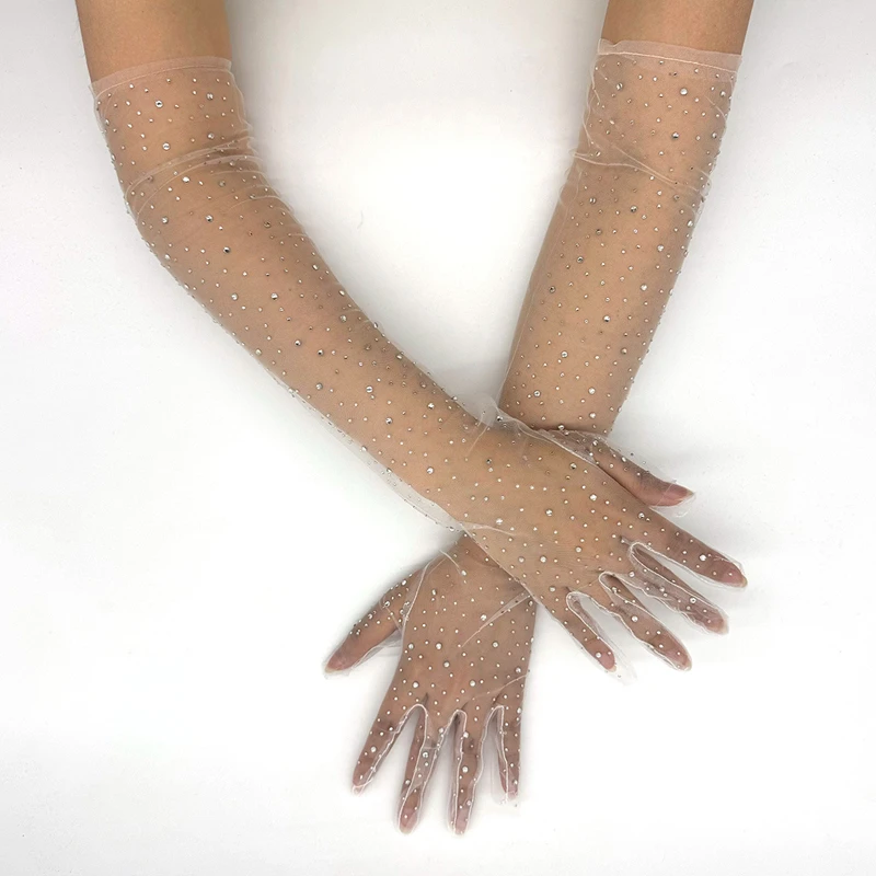 

Summer Mesh Lace Rhinestone Gloves Long Elastic Breathable Sexy Tull Full Finger Gloves Brides Wedding Party Accessories