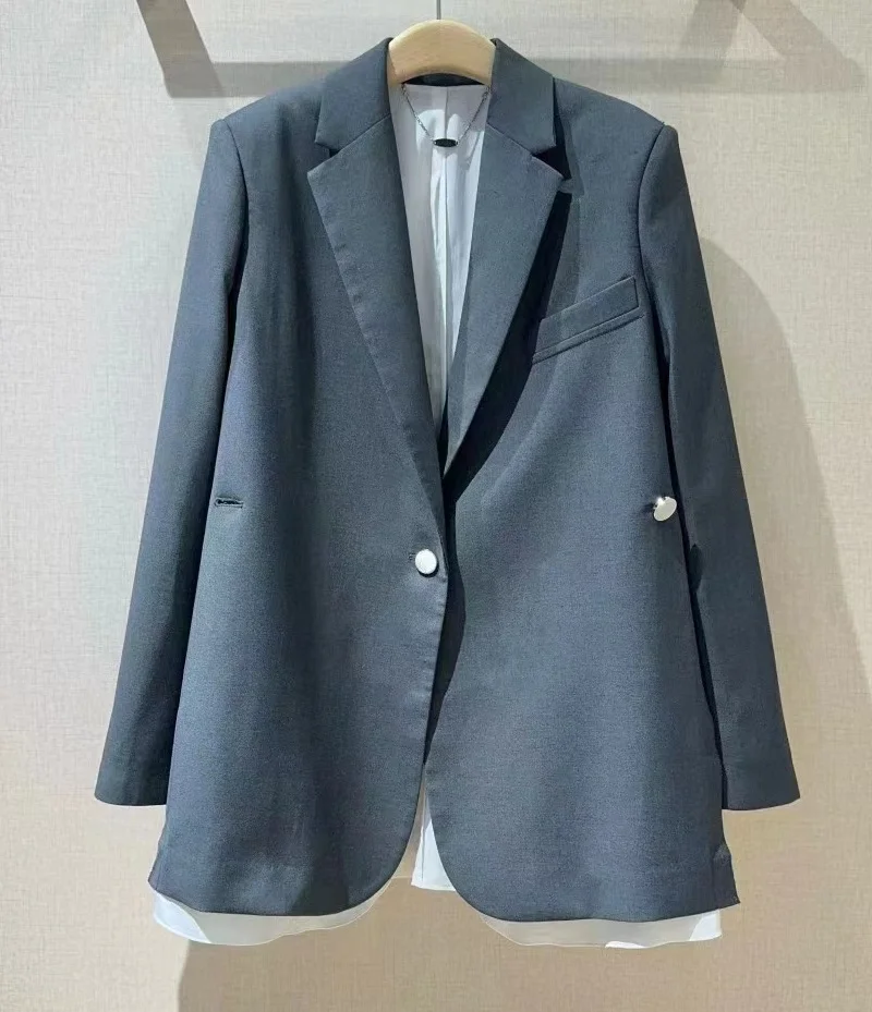 

Top Quality New Blazer Coats 2025 Spring Blazers Women Notched Collar White Color Block Long Sleeve Grey Blazers Outerwear Femme
