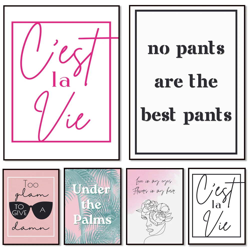C'est la vie, quotes in french, palm trees, song lyrical prints line drawing, ornate living motto mantra aesthetic poster