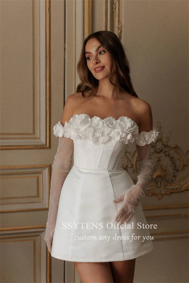 SSYTENS A Line Short Wedding Dresses Long Sleeves Customized Flower Off The Shoulder Bridal Gowns 2025 Corset Back Party Gowns