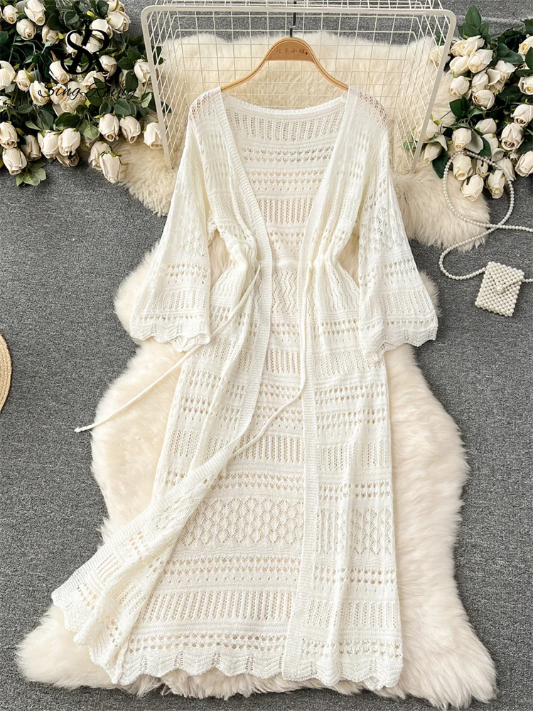 SINGREINY Korean Gentle Thin Shawl Knitted Long Cardigan 2024 Summer Hollow Out Hook Flower Holiday Sun-proof Clothing Cardigan