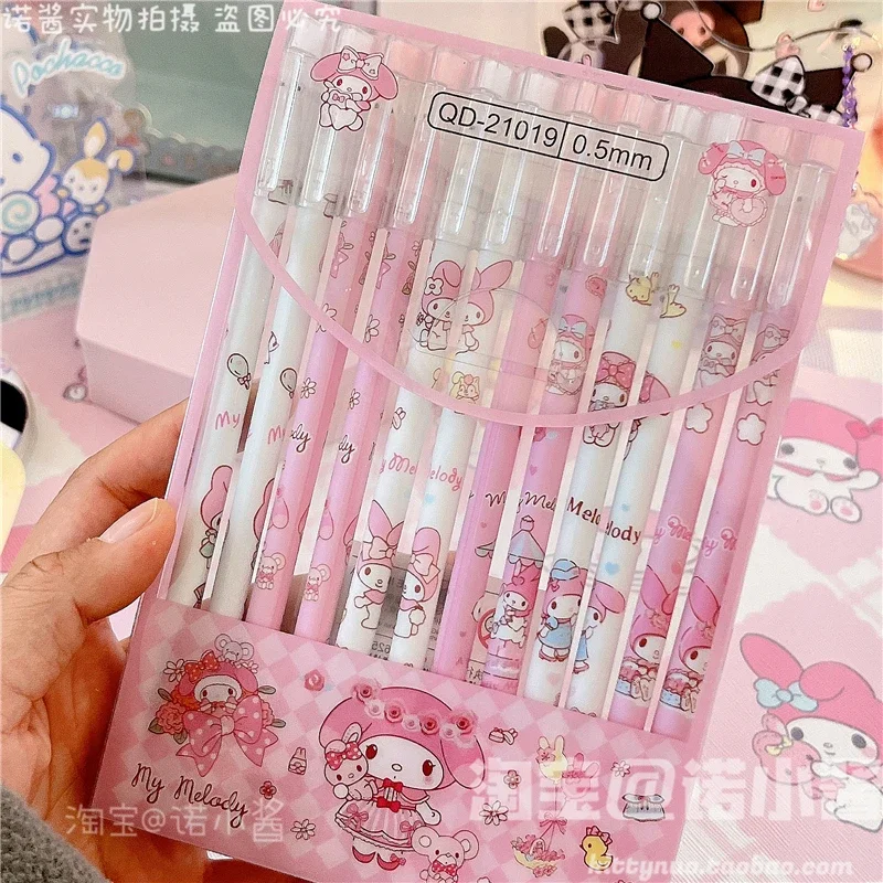 12 sztuk Sanrios Kawaii Kuromi moja melodia Cinnamoroll czarny 0.5Mm zapakowane długopis żelowy Anime Cartoon Cute Student pisanie długopis prezent urodzinowy