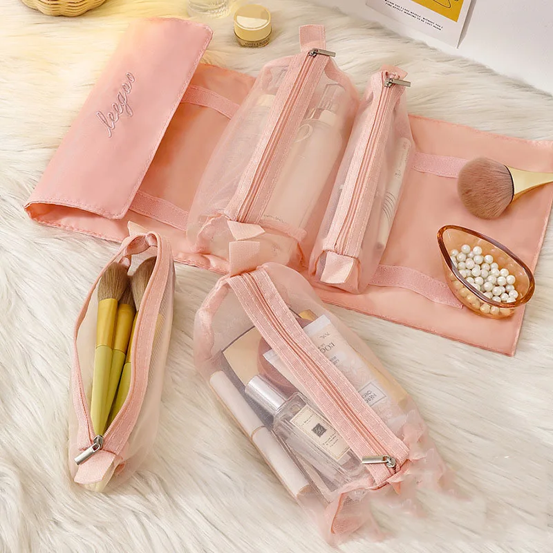 NEW Makeup Bag For Women 4-In-1 Folding Detachable Nylon Mesh Storage Bags Large-Capacity Portable Travel Cosmetic Toilet Bag