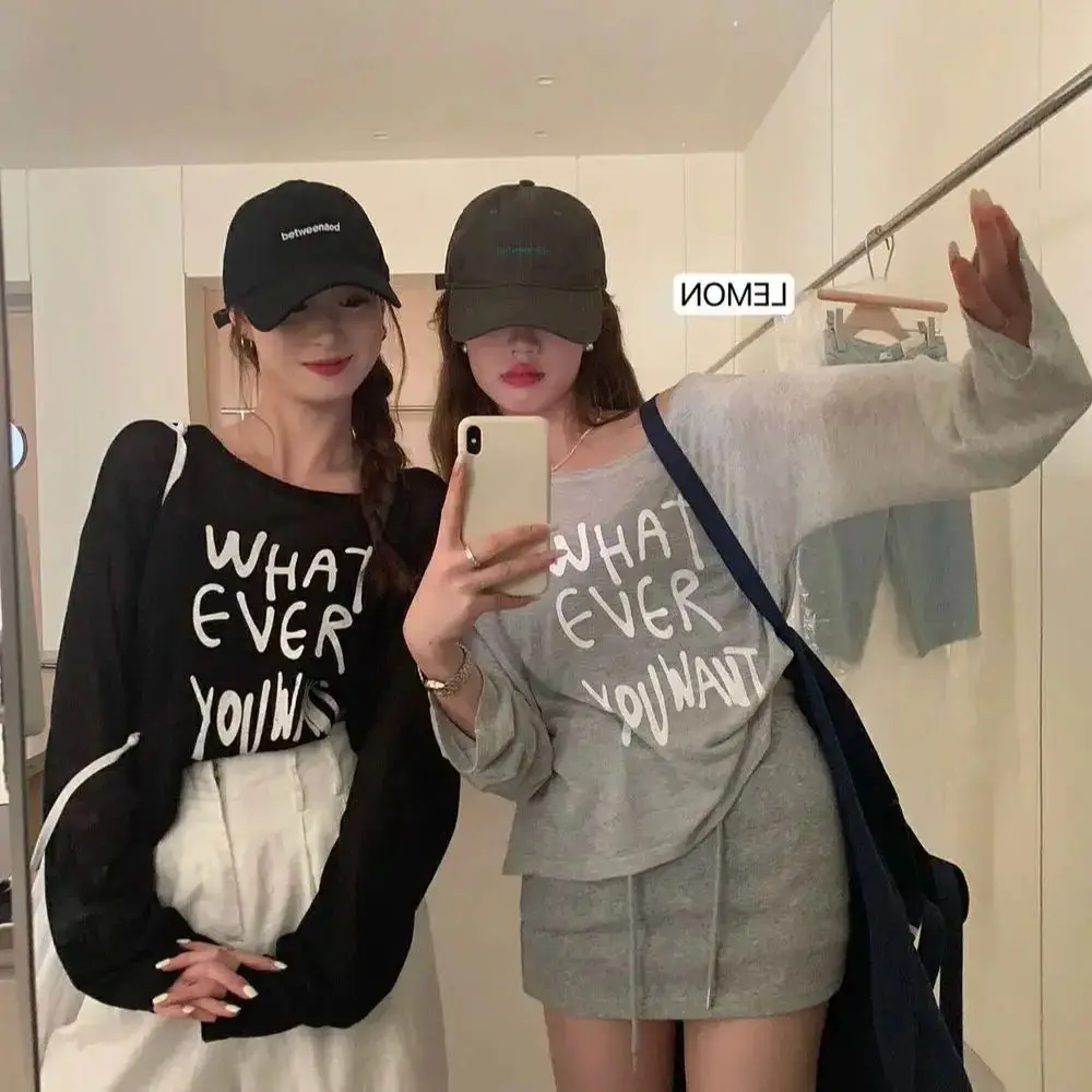 Hot Girl Off-shoulder Letter Printed T-shirt Women's Summer Loose Slim Sunscreen Knitted Letters pull  tops