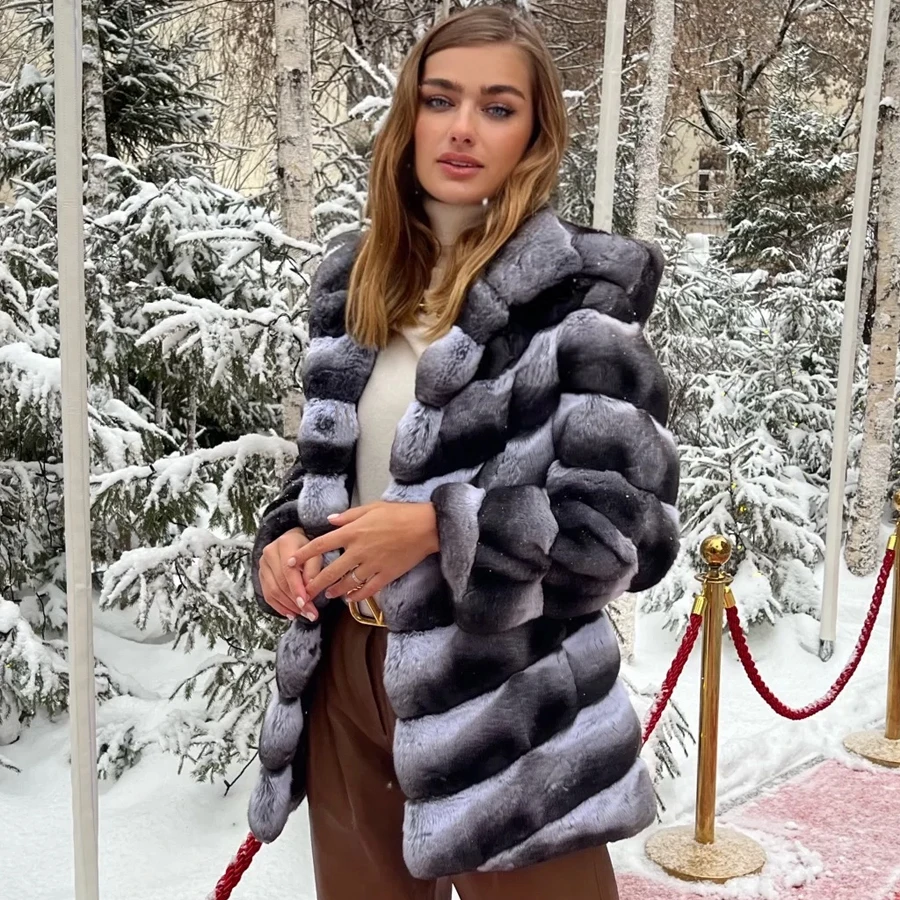 Winter Coat For Women Real Rex Rabbit Chinchilla Fur Jacket Women\'s Fur Coat Fashion Best Seller