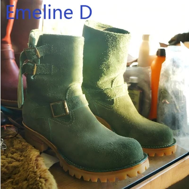 العسكرية الخضراء الجلد المدبوغ فارس الأحذية الرجعية مشبك معدني تصميم دراجة نارية الأحذية للرجال جولة تو منتصف الكعب أحذية قصيرة الساق #2