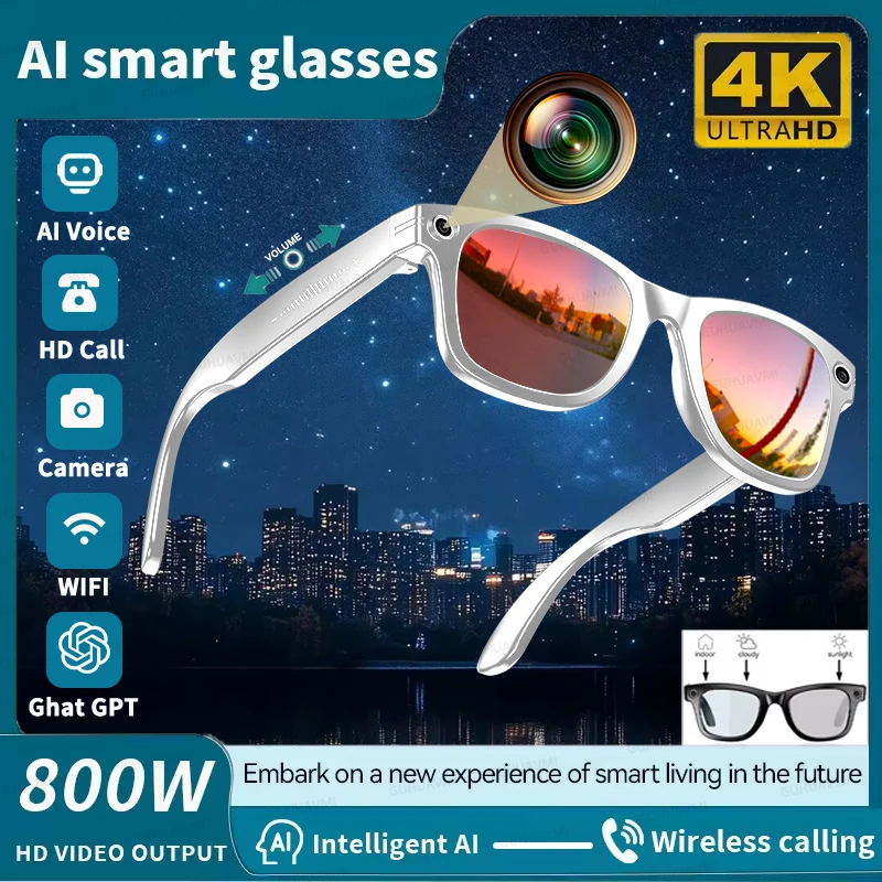 

Модные умные очки AI, 800 Вт, пиксельная HD-камера, фотосъемка, видеозапись, Bluetooth-вызов, интеллектуальный перевод, музыкальные солнцезащитные очки
