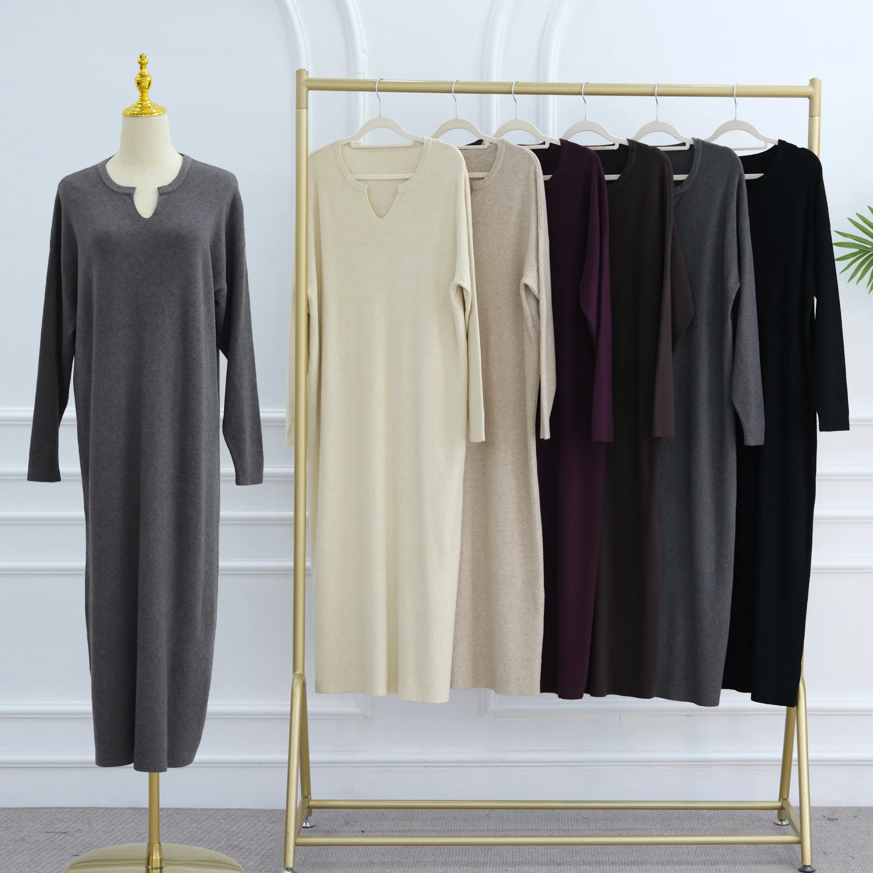 

Теплое женское вязаное платье миди, с круглым вырезом и V-образным вырезом спереди, с заниженными плечами, легкое платье-хиджаби под Абая, зимнее повседневное платье