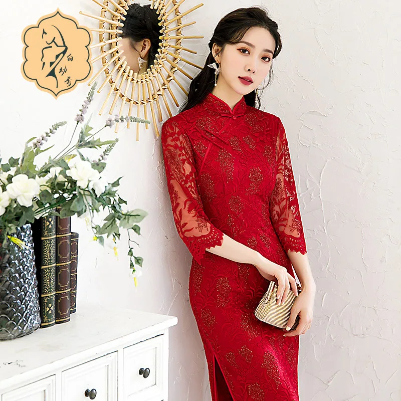 

Cheongsam Evening Dress Engagement Daily Party Catwalk Fashion Retro Chinese Style Traditional Clothing Lace