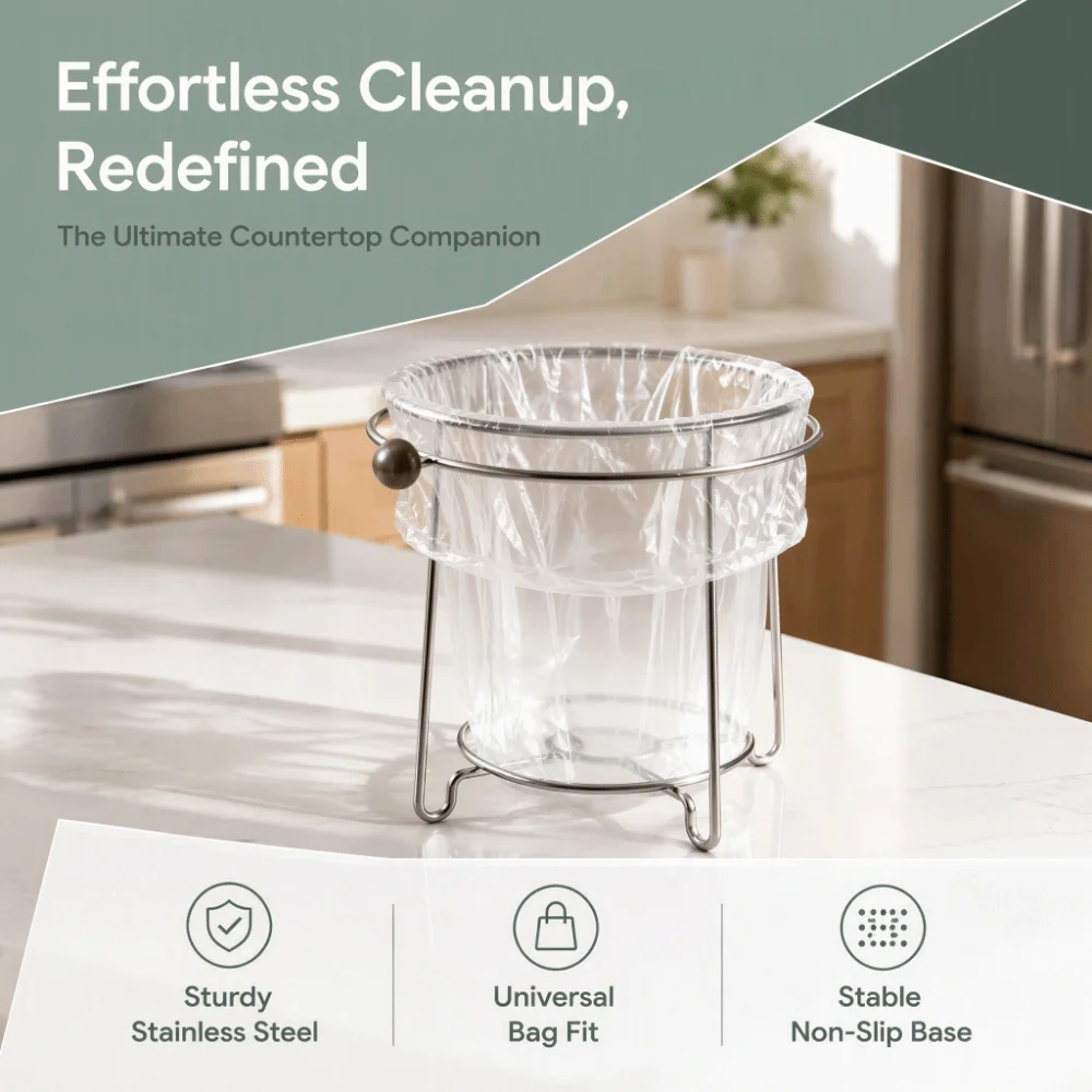 Stainless Steel Garbage Bag Holder Space Saving Portable Trash Bag Rack Multifunctional Countertop Garbage Bag Stand