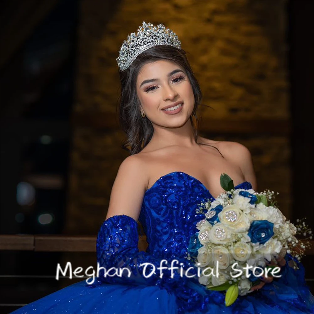 Meksyk Royal Blue Sweetheart Quinceanera sukienki suknia balowa koralik cekinowa sukienka księżniczki suknia na przyjęcie urodzinowe pół rękawa dostosowane